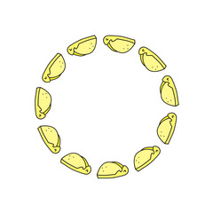 Cute round frame with doodle melted cheese slices isolated on white background.