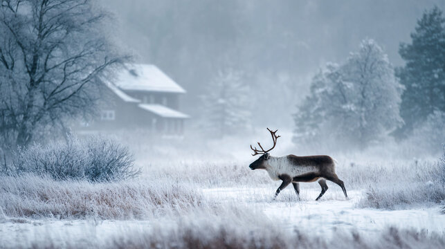 Christmas reindeer walking through snowy meadow  - Powered by Adobe