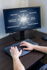 Remote work from home. Hands of an individual typing on keyboard in front of computer screen showcasing various applications of artificial intelligence, illustrating impact of technology. Vertically