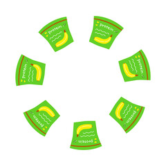 Round wreath with cute flat banana protein powder in packs isolated on white background.