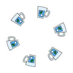 Cute round frame with doodle water with ice and mint in glass cup isolated on white background.