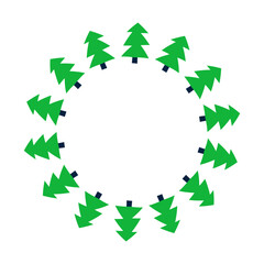 Cute round frame with flat cut out fir trees isolated on white background.