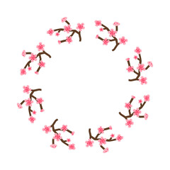 Cute round frame with paper cut floral sakura branches isolated on white background.