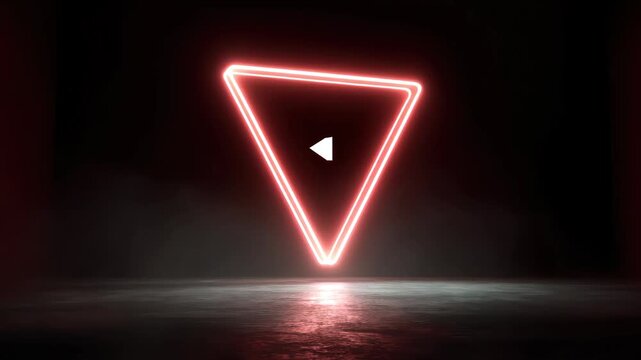 Neon triangle shape glowing in dark space with a play button in the center, creating an immersive visual effect