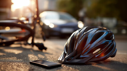 Stunning image of bike crash aftermath on city street faceless close up defocused urban background damaged bicycle helmet broken smartphone scattered asphalt car accident