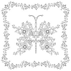 Butterfly in Floral square frame, monochrome outline stock vector illustration for web, for print, for adult coloring book, for children coloring page