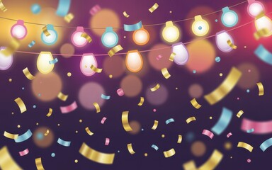 Multicolored party lights and falling confetti background