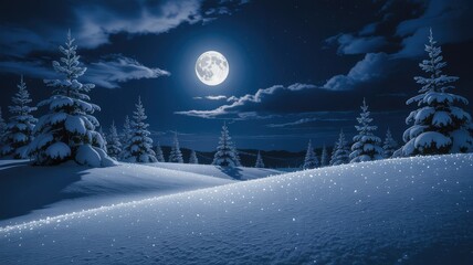 Full moon over snow covered pine trees at night winter