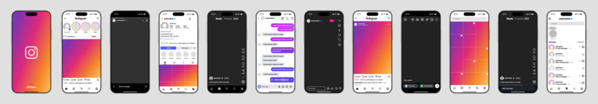 Instagram complete interface showing home feed, reels, stories, direct messages, profile, notifications, live, explore, comments, likes, save, post creation in latest mobile layout vector illustration