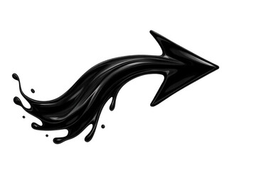 Black liquid arrow splashing and flowing right, indicating direction, growth, and forward movement on transparent background