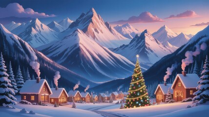 Snowy mountain village with Christmas tree at dusk