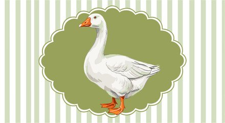 Vintage illustration of a white goose on a green background with stripes perfect for farm themed designs, country style projects, and retro artwork