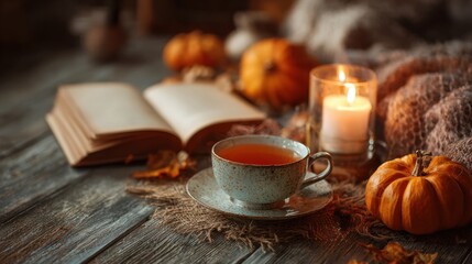 A cup of steaming tea sits beside glowing candles and small pumpkins creating a warm cozy atmosphere.
