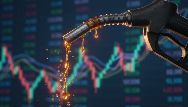 Fuel nozzle dripping golden oil against stock market charts, symbolizing energy prices, financial volatility, and the link between fuel economy and global economic trends