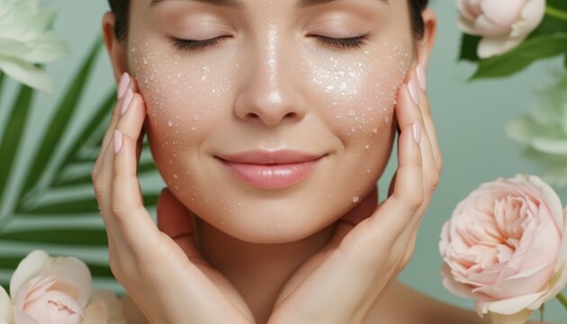 Woman enjoying gentle facial care surrounded by flowers, reflecting beauty, relaxation, and natural skincare trends focusing on self care, wellness, and holistic balance
