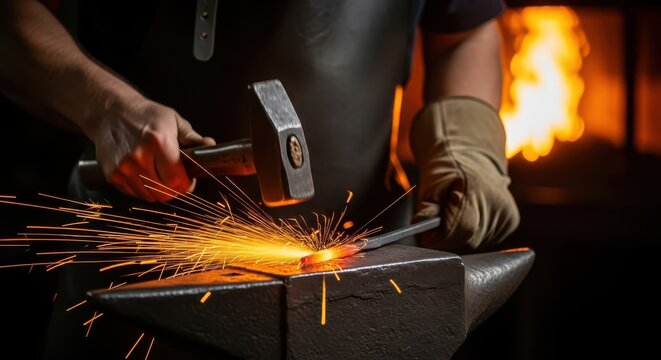 Close-up of Blacksmith Forging Hot Metal on Anvil with Hammer, Creating Fiery Sparks. Traditional Craftsmanship and Hard Work in a Dark Workshop