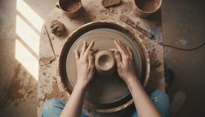 Close-up of hands shaping clay on a pottery wheel, representing creativity, mindfulness, and the return of handcrafted artistry in modern slow living culture