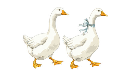Two charming watercolor geese, one adorned with a blue bow, walking gracefully, perfect for adding a touch of whimsy to your project