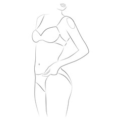 Woman poses in a bra and panties line drawing on white isolated background. A model demonstrates a set of underwear