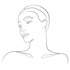 Face of a young woman one line drawing on white isolated background