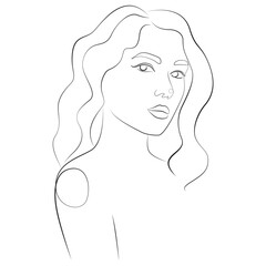 Face of a young woman one line drawing on white isolated background