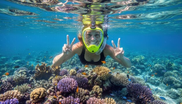 Smiling snorkeler explores vibrant coral reef underwater, celebrating marine biodiversity and eco-tourism promoting conservation and adventure travel experiences