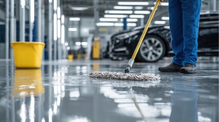 Fototapeta premium Stunning photo of mechanic cleans epoxy floor with a mop in car service repair center. Industrial worker maintaining clean surface, washing water. Shiny, polished surface.