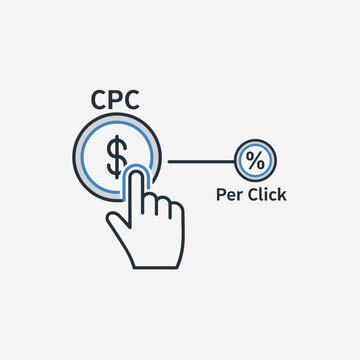 Cost per click concept with coin and hand cpc is an internet advertising model used to direct traffic to websites, in which an advertiser pays a publisher
