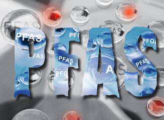 Water drops with PFAS text -- Forever chemical and water contamination concept