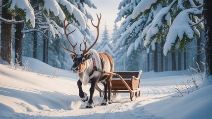 Reindeer pulling sleigh through snowy forest winter