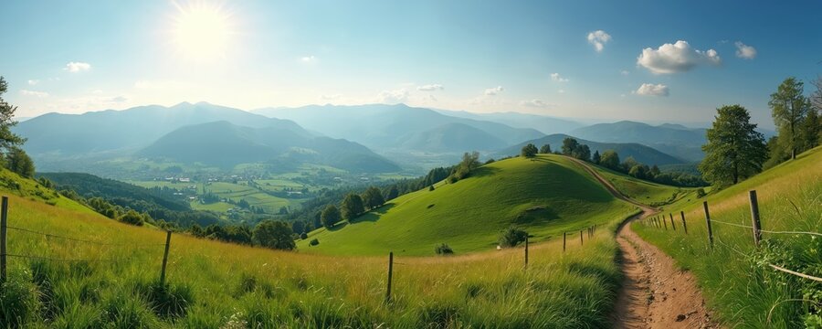 Green hills with blue sky, village view. Nature panorama. Beautiful valley landscape with pathway along pasture slope, mountains background in sunny day. Summer rural scenery. Idyllic destination. - Powered by Adobe