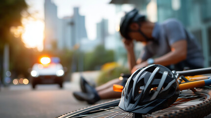 Bike accident in city with faceless man cyclist falling down defocused urban background bike injuries injured knee visible cycling mishap road incident personal trauma metro