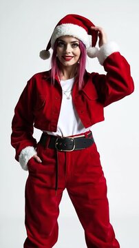 A woman in a santa hat is posing for a picture