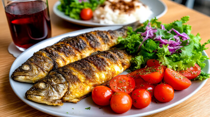 Two whole roasted fish with a fresh salad of cherry tomatoes and lettuce.