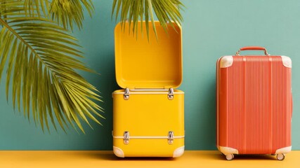 Brightly colored luggage stands against a turquoise wall with a palm leaf, suggesting a tropical vacation vibe ideal for travelers