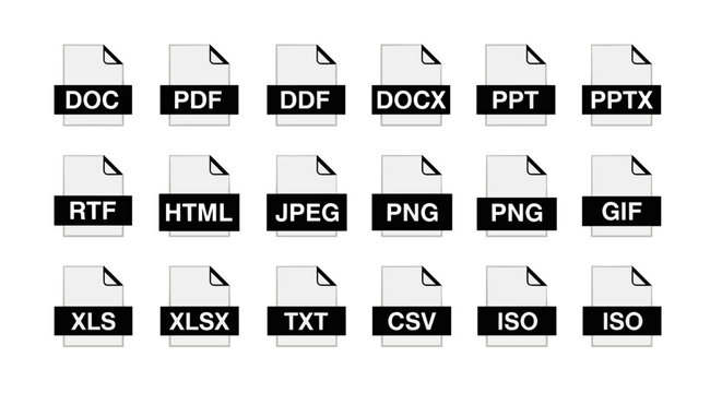 Collection of file format icons, including doc, pdf, ddf, docx, ppt, pptx, rtf, html, jpeg, png, gif, xls, xlsx, txt, csv, and iso