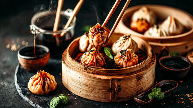 Chopsticks holding a steaming sheng jian bao dumpling from a bamboo steamer with soy sauce. - Powered by Adobe