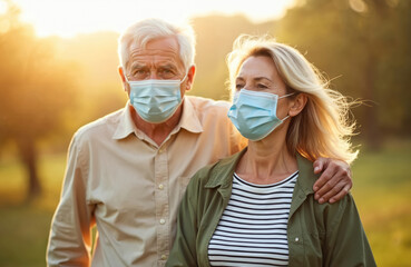Mature couple wearing face masks outdoors. Older man and woman protect themselves from corona virus during pandemic. Seniors in medical masks during quarantine walk in park.