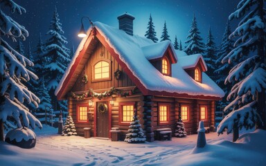 Cozy snow covered log cabin at night with Christmas lights