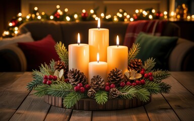 Four lit candles in Christmas centerpiece with pine cones and berries