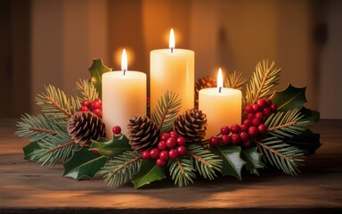 Three lit christmas candles with pine cones and berries