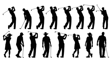 A collection of golf swing silhouettes, capturing the dynamic motion and various stages of the swing, showcasing male and female golfers