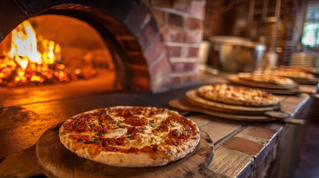 Pizzas with bubbling cheese and toppings sit ready to serve next to a warm inviting brick oven.