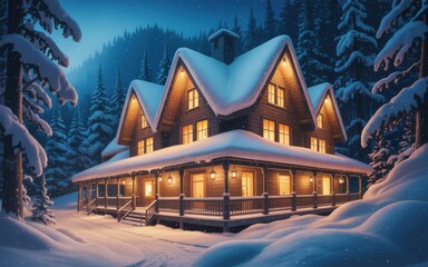 Cozy wooden cabin in snowy forest at dusk house winter