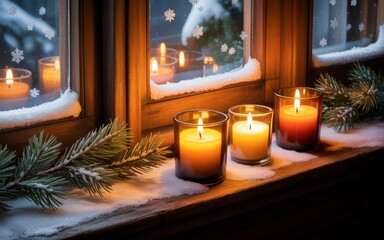 Three lit candles on a snowy windowsill with pine branches