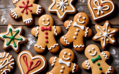 Assorted Christmas gingerbread cookies on wooden background