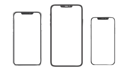 Three smartphones of varying sizes are displayed with blank white screens and gray frames clearly visible
