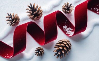 Red velvet ribbon and pine cones on snow red ribbon