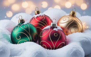 Four ornate Christmas baubles in snow ornaments green