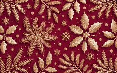 Gold Christmas Holly and Pine Sprigs on Red Background